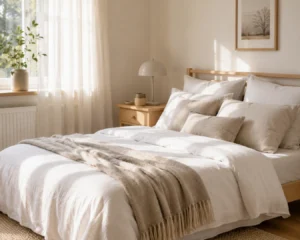 A calm bedroom demonstrates Scandinavian room decorating ideas applied to bedding and lighting.
