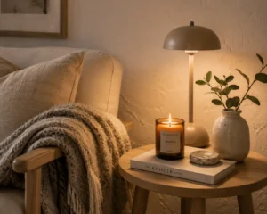 A candlelit styling vignette shows Scandinavian room decorating ideas built around hygge and texture.