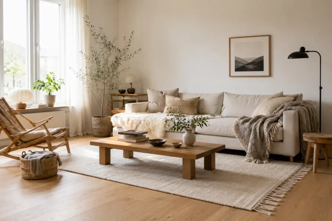 A living room built around Scandinavian room decorating ideas with light oak floors and layered wool textures.