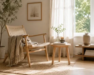 A sunlit reading corner styled with Scandinavian room decorating ideas using light wood and wool textures.