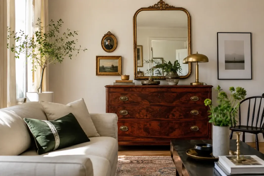 A living room styled with vintage room decorating ideas mixing an antique dresser and modern sofa.