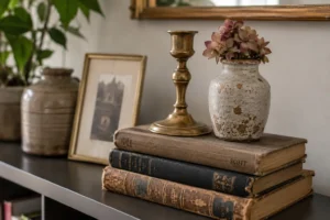 A small vignette showing vintage room decorating ideas using brass and ceramic accents.