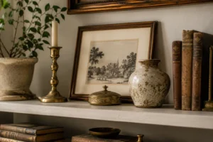 A styled shelf using small vintage room decorating ideas like brass and ceramic accents.