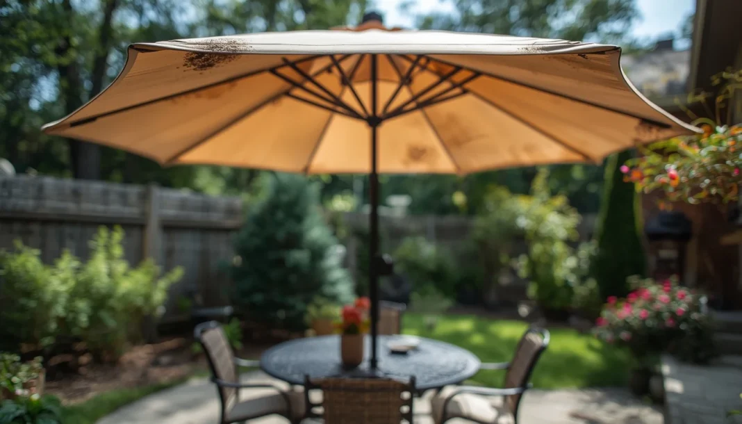 Moldy outdoor umbrella fabric with dark mold spots along the canopy seams.