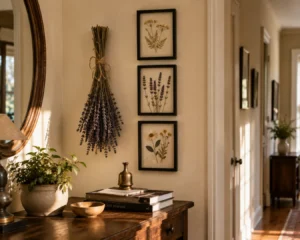 A hallway styled with dried flower wall art frames and a hanging lavender bundle.