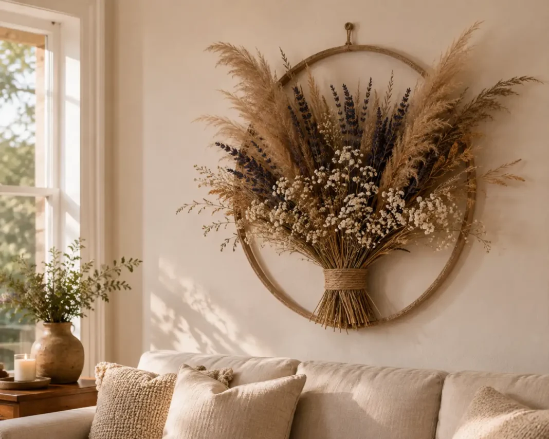 A dried flower wall art piece made with pampas grass and lavender hanging above a linen sofa.