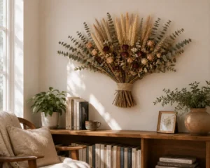 A dried flower wall art arrangement of wheat and eucalyptus above a wooden shelf in a reading nook.