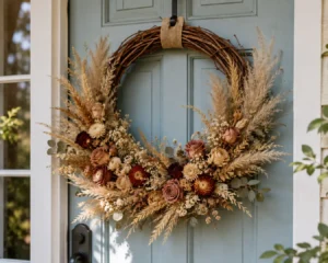 A dried flower wall art wreath made with pampas grass and roses hanging on a front door.