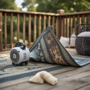 Dry outdoor rug deck routine sped up with a portable fan aimed at the underside.