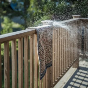 Dry outdoor rug deck routine starting with a shake-out to remove excess water.