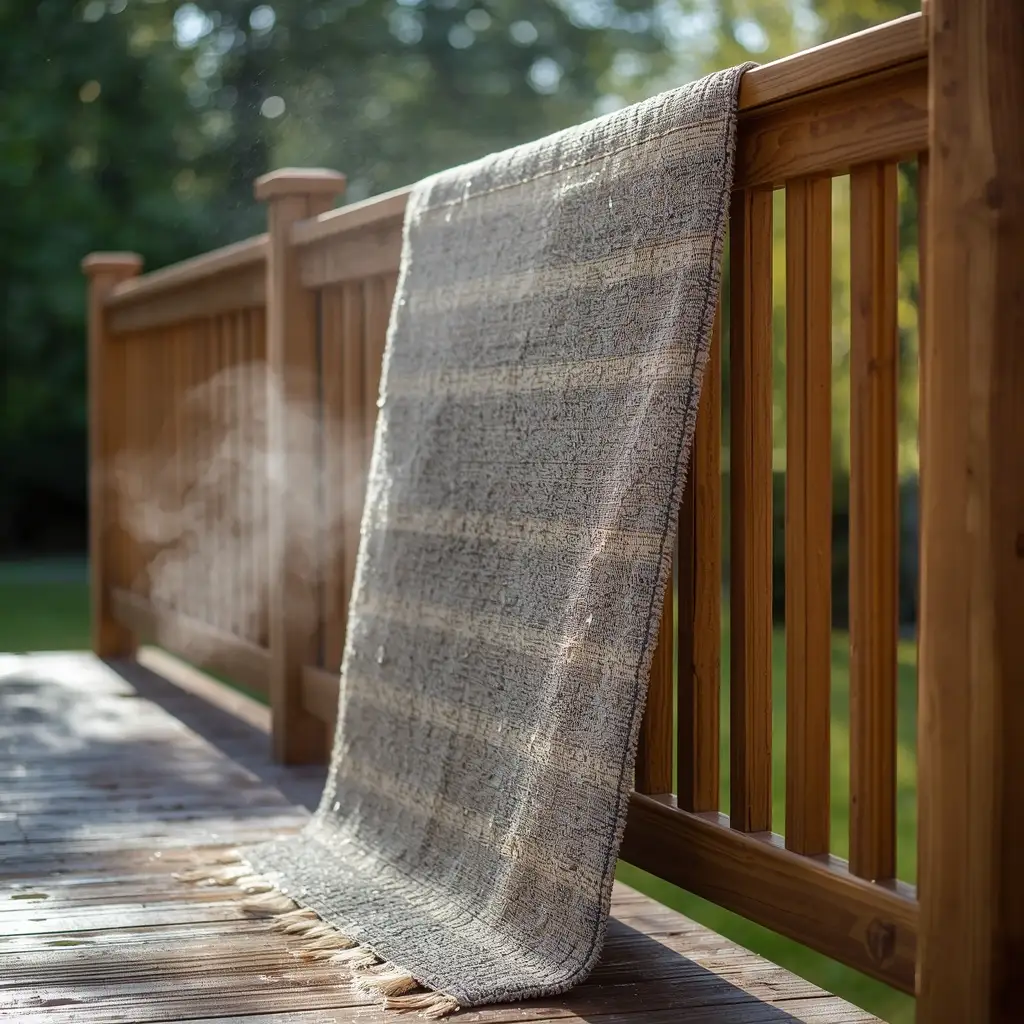 Dry outdoor rug deck method shown with a soaked rug steaming upright in the sun.