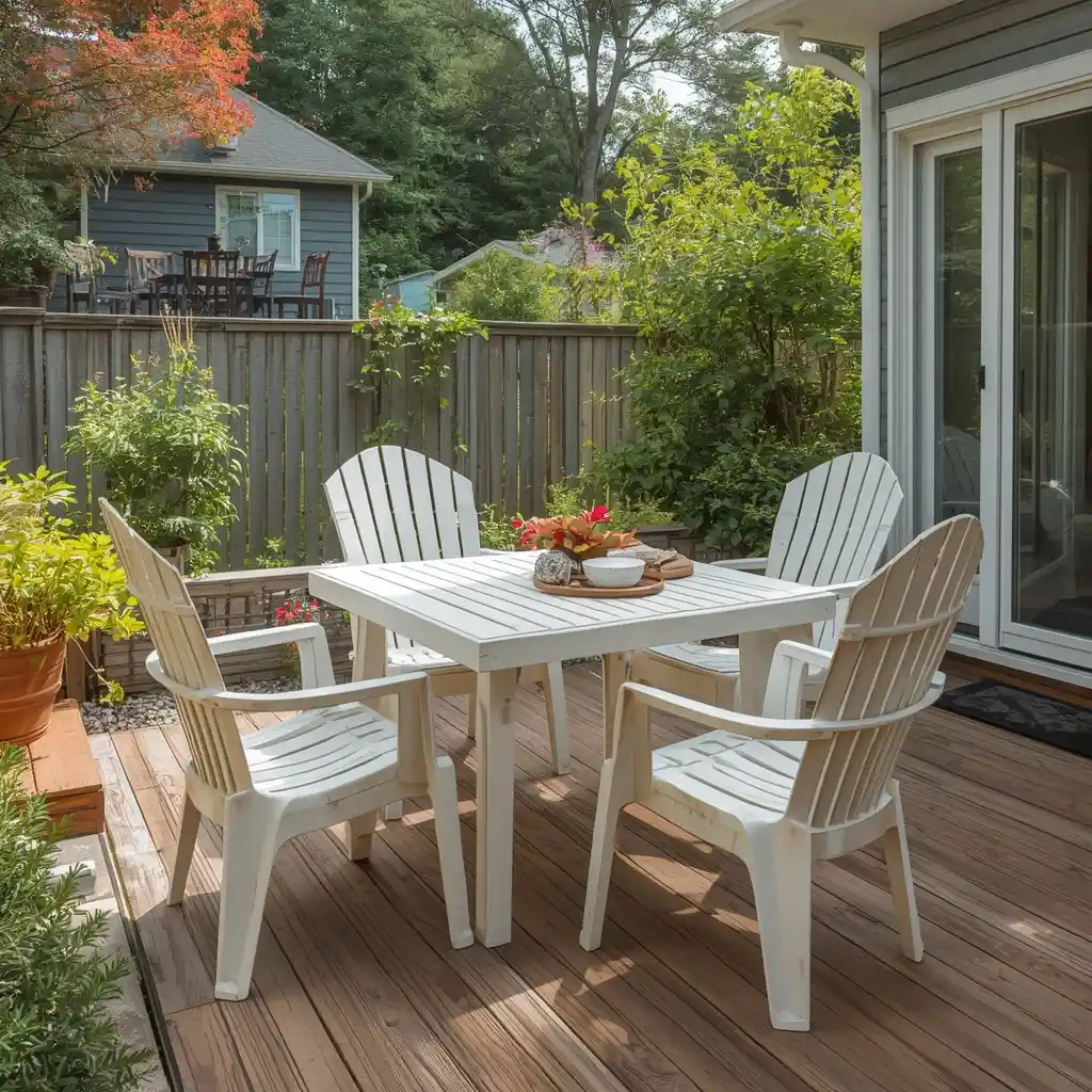 Sun-faded plastic patio furniture chairs and table on a bright backyard patio.