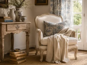 Curved corner styled with French country living room details, a cabriole chair and linen throw.