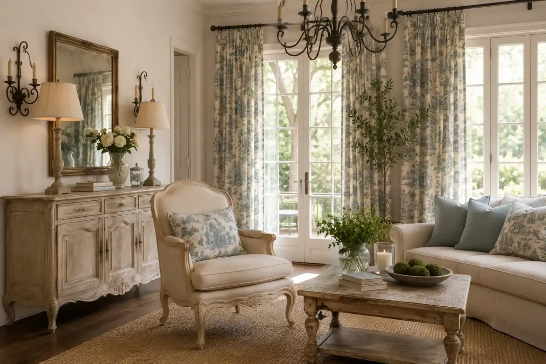A soft French country living room example with a curved armchair, weathered console and wrought iron chandelier.