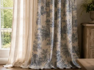 Toile drapery used in a French country living room, soft blue pattern over linen under-curtains.