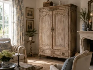 A weathered armoire anchoring a French country living room with visible age and patina.
