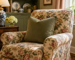 Chintz-upholstered chair featured in grandmillennial living room ideas styling with a solid throw pillow.