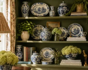 Curated blue and white china collection displayed in grandmillennial living room ideas styling.