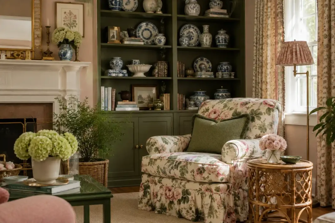 A warm grandmillennial living room ideas example with a chintz armchair, rattan table and curated china shelf.
