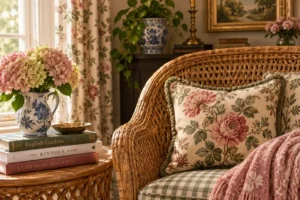 Rattan corner styled with grandmillennial living room ideas, a needlepoint pillow and vintage books