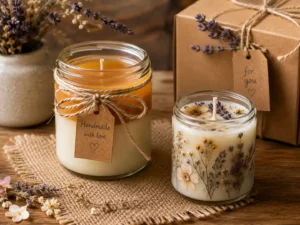 A gift-styled pairing of homemade candle making ideas, including a two-tone and dried flower candle.