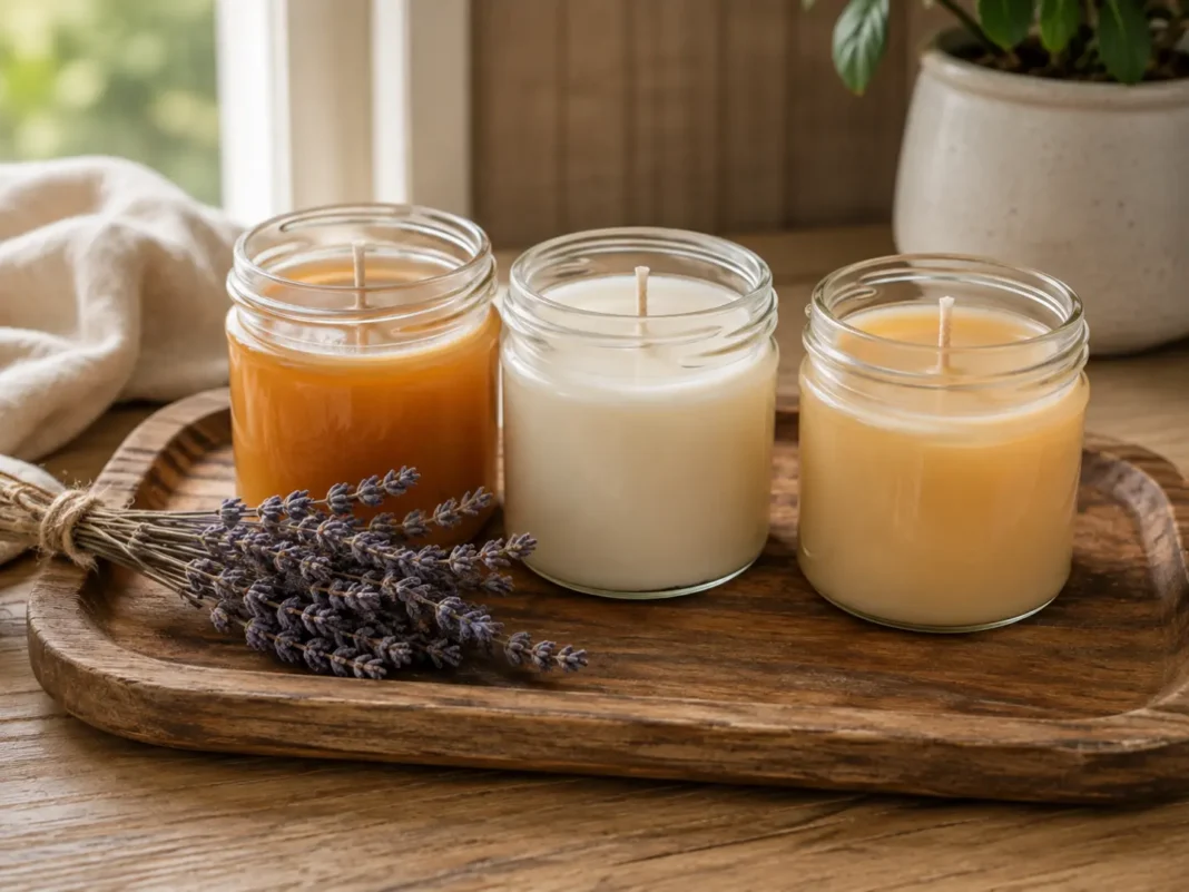 homemade-candle-making-ideas-glass-jar-tray A tray of homemade candle making ideas showing three finished soy candles in glass jars.