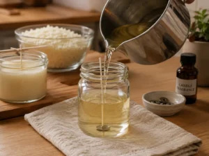 Pouring melted wax for one of several homemade candle making ideas covered in this guide.