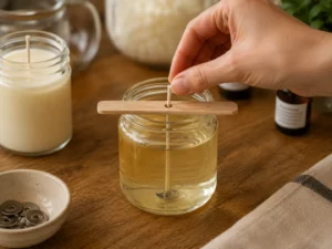 Centering a wick for one of several homemade candle making ideas using a wick holder.