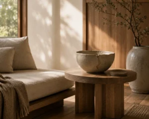 Handmade corner styled with Japandi living room ideas, a wood side table and imperfect ceramic bowl.
