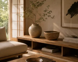 Handmade ceramic vase and woven basket displayed in Japandi living room ideas styling.