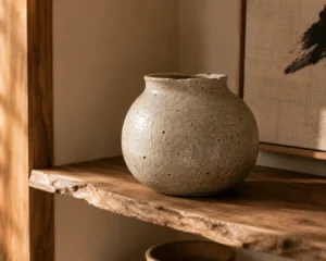 Wabi-sabi ceramic piece featured in Japandi living room ideas styling on a raw wood shelf.