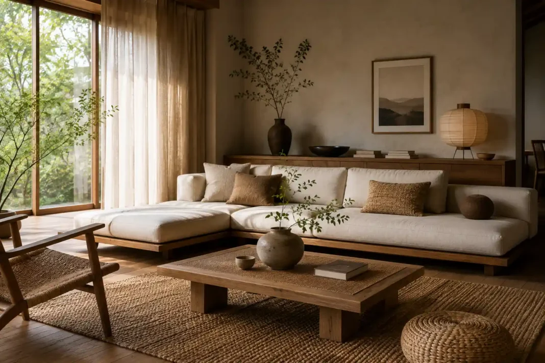 A warm Japandi living room ideas example with a low platform sofa, wood coffee table and handmade ceramic vase.