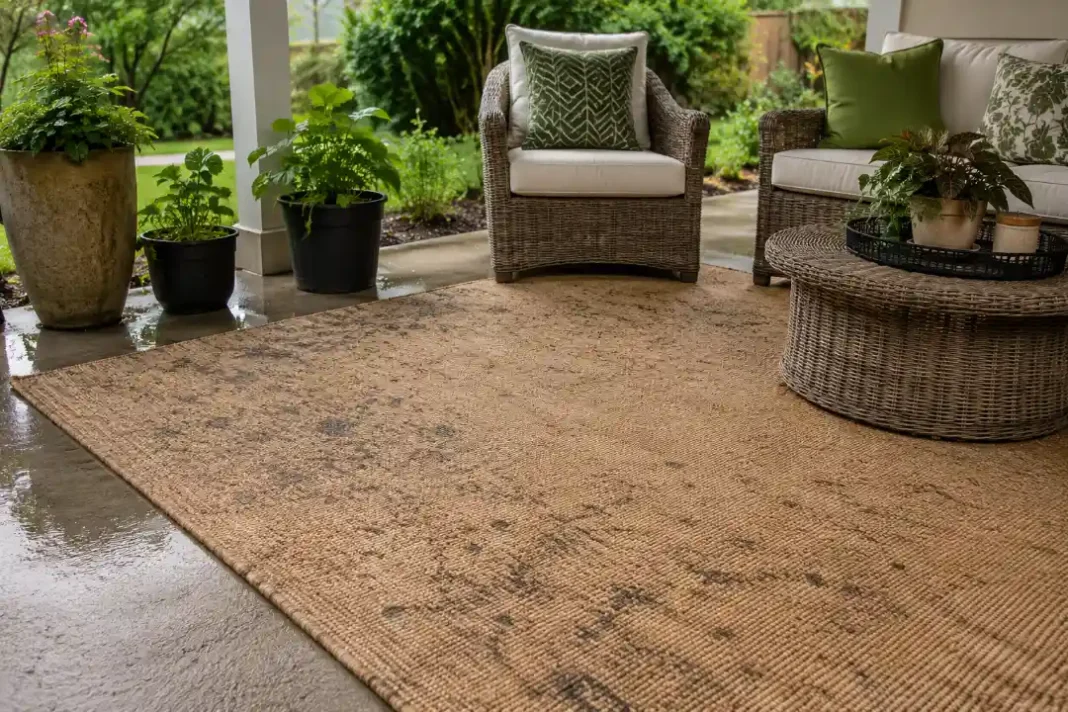 jute-mold-outdoor-patio-mildew-spotting Jute mold outdoor patio problem shown with early mildew spotting on the rug fibers.