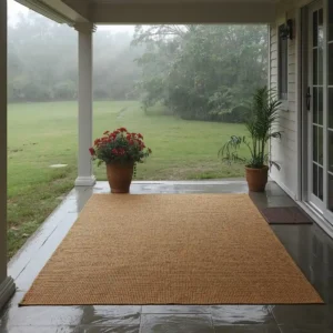 Jute mold outdoor patio problem avoided entirely with a synthetic look-alike rug.
