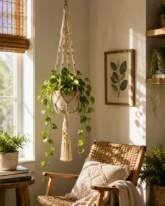 A macrame plant hanger idea styled in a boho reading corner with a trailing pothos