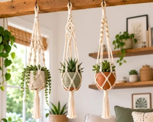 Three macrame plant hanger ideas with different knot patterns hanging from a wooden beam.