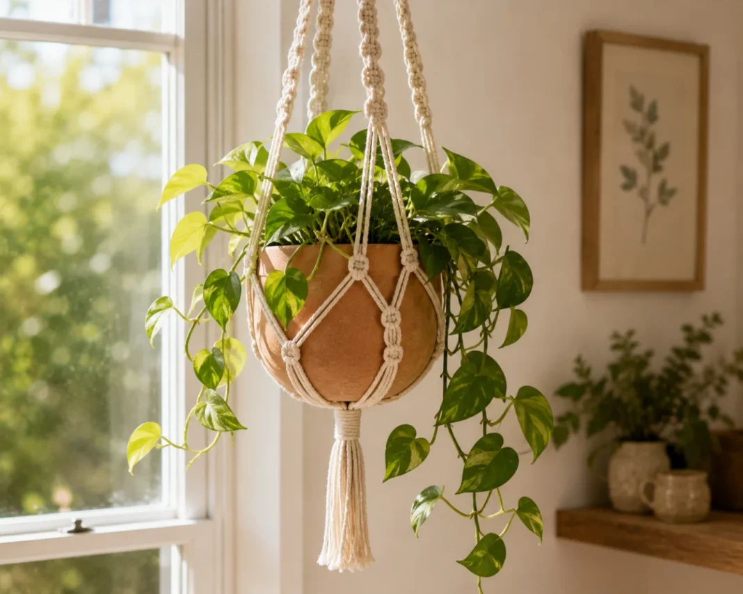 A macrame plant hanger idea using cream cord and a terracotta pot with a trailing pothos.