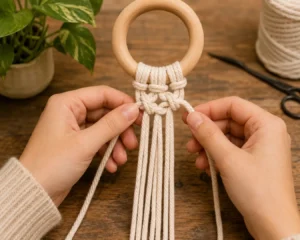 Hands tying square knots for a macrame plant hanger idea around a wooden ring