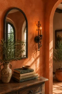 Arched corner styled with mediterranean living room ideas, a wrought iron sconce and worn books.
