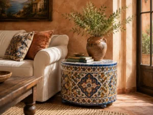 A hand-painted tile side table anchoring mediterranean living room ideas styling.