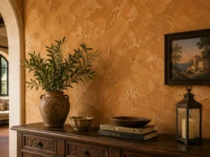 Textured plaster wall featured in mediterranean living room ideas styling behind a dark wood console.