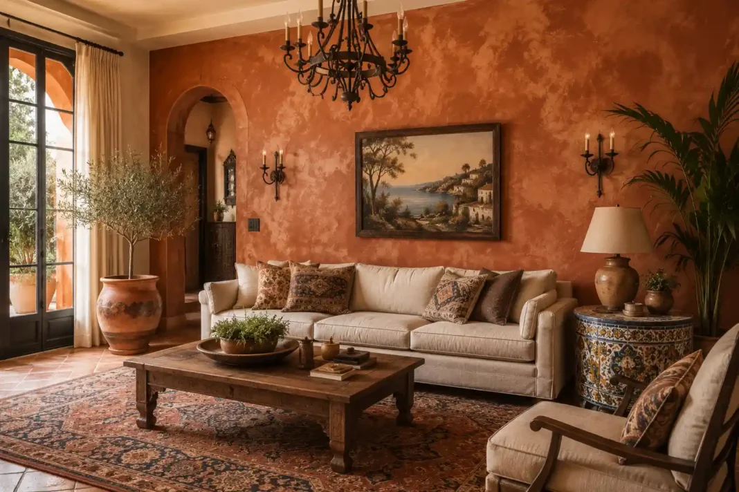 A warm mediterranean living room ideas example with a terracotta wall, plaster texture and hand-painted tile table.