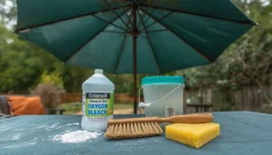 Scrubbing moldy outdoor umbrella fabric with an oxygen bleach solution and soft brush.