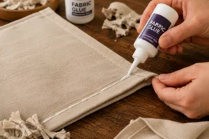Applying fabric glue for one of several no sew throw pillows covered in this guide.