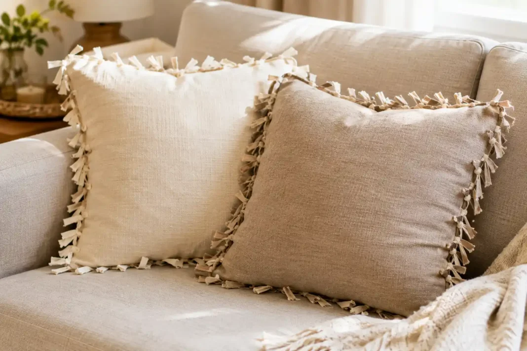 Two no sew throw pillows with fringe-tied edges styled on a linen couch.