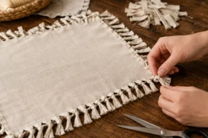 Tying a fringe knot for one of several no sew throw pillows covered in this guide.