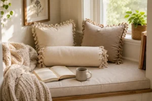 A reading nook styled with several no sew throw pillows including a bolster shape.