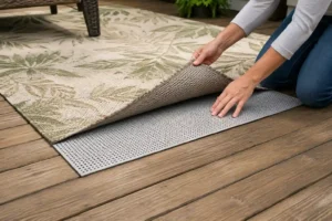 Installing a breathable pad under outdoor carpet on a wooden deck.