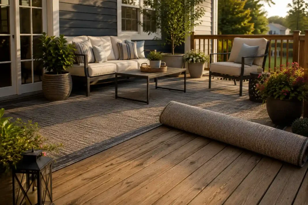 outdoor-carpet-wooden-deck-styled-scene Outdoor carpet wooden deck scene with the carpet rolled back to check the boards.
