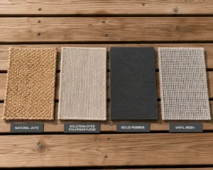 Four rug backing materials for an outdoor rug wooden deck compared side by side.